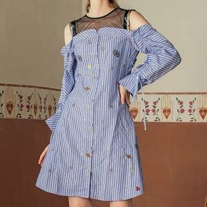 Blue Striped Off-Shoulder Dress